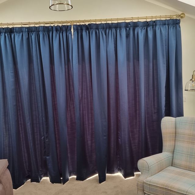 blue curtains drawn